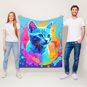 Blue Neon Cat in Splatter Fleece Blanket