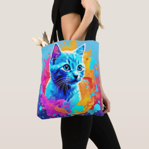 Blue Neon Cat in Splatter Tote Bag