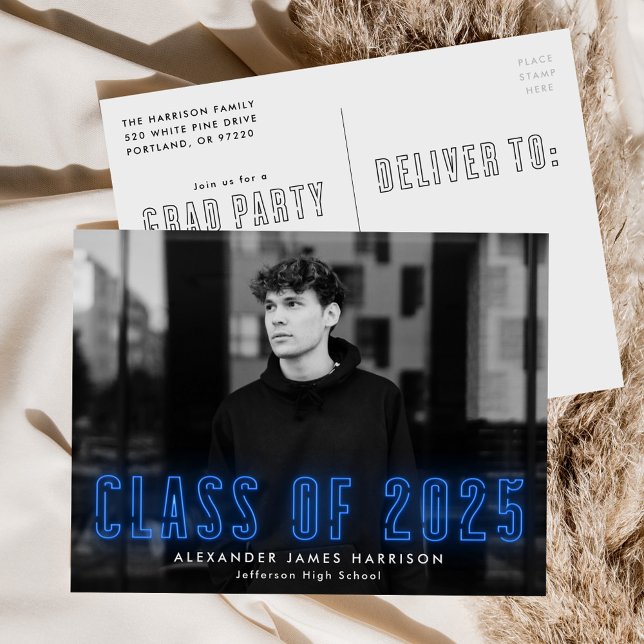 Blue Neon Class of 2025 Photo Graduation Party Invitation Postcard (Creator Uploaded)