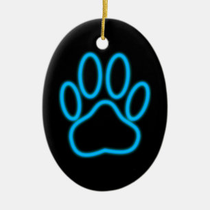 Blue Neon Dog Paw Print Ceramic Ornament