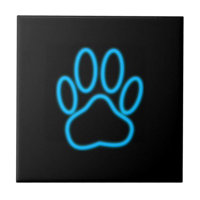 Blue Neon Dog Paw Print Ceramic Tile (Front)