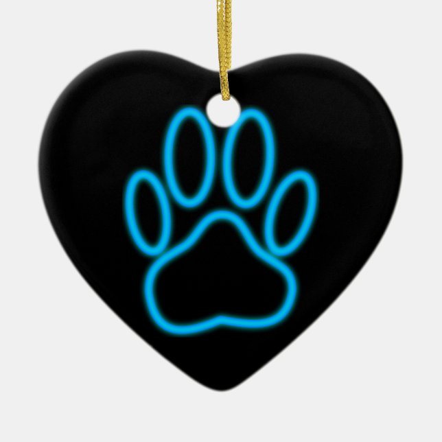 Blue Neon Dog Paw Print Ceramic Tree Decoration (Front)