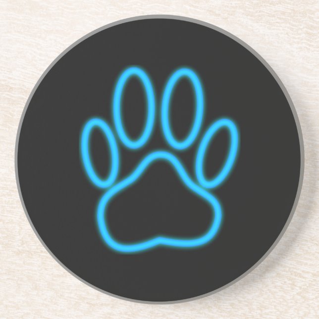 Blue Neon Dog Paw Print Coaster (Front)