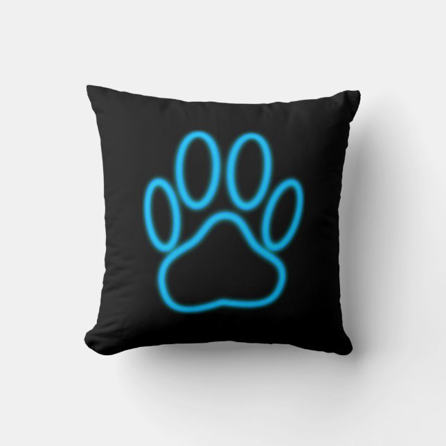 Blue Neon Dog Paw Print Cushion (Front)