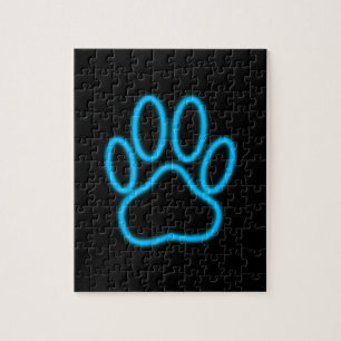 Blue Neon Dog Paw Print Jigsaw Puzzle
