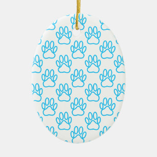 Blue Neon Dog Paw Print Pattern Ceramic Ornament