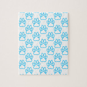 Blue Neon Dog Paw Print Pattern Jigsaw Puzzle
