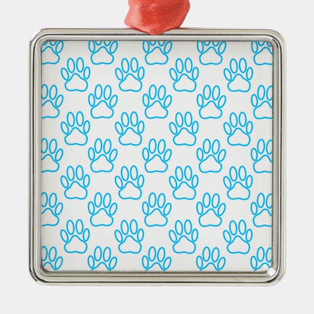 Blue Neon Dog Paw Print Pattern Metal Ornament (Front)