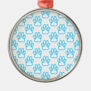 Blue Neon Dog Paw Print Pattern Metal Ornament