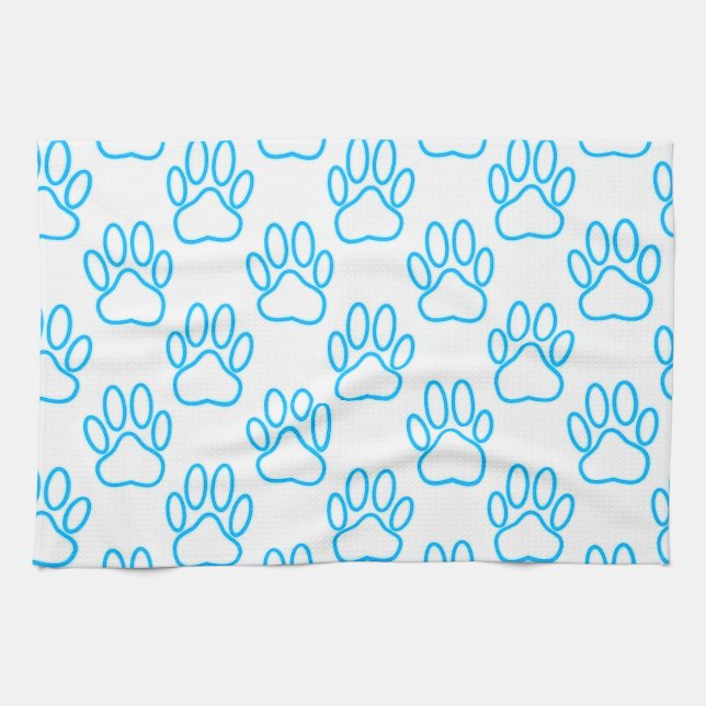 Blue Neon Dog Paw Print Pattern Tea Towel (Horizontal)