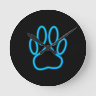 Blue Neon Dog Paw Print Round Clock