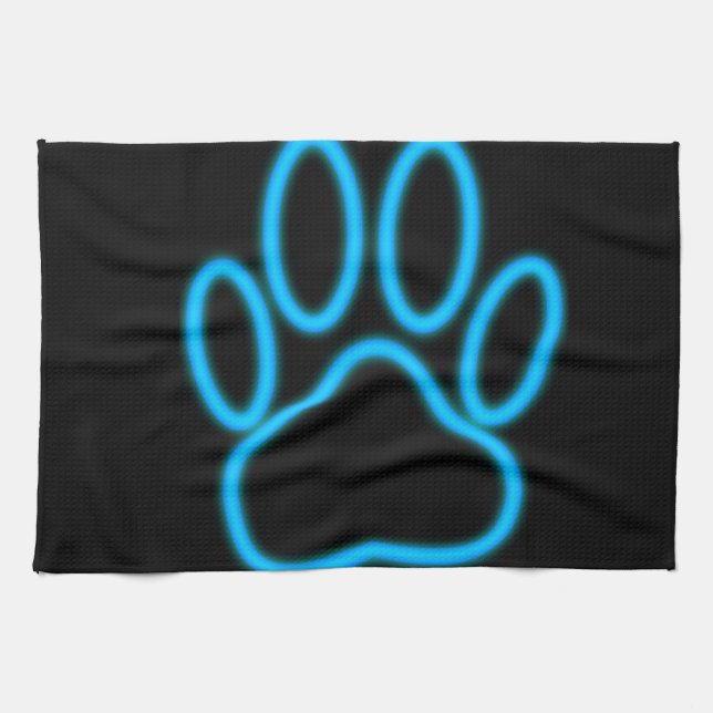 Blue Neon Dog Paw Print Tea Towel (Horizontal)