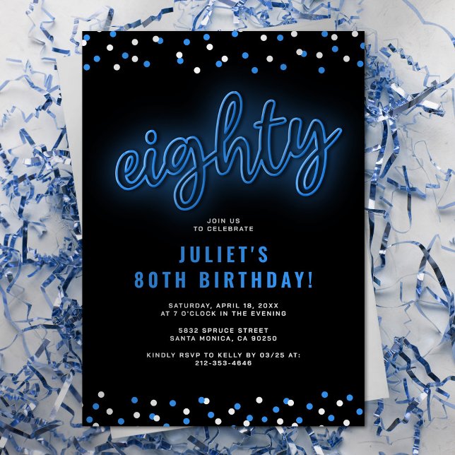 Blue Neon Eighty Birthday Invitation (Creator Uploaded)