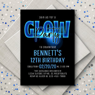 Blue Neon Glow Party Birthday Invitation