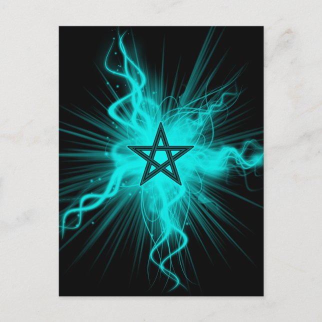 Blue Neon Glowing Pentagram - Pagan Symbol Postcard (Front)