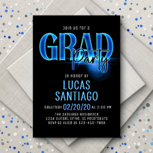 Blue Neon Graduation Grad Party Invitation
