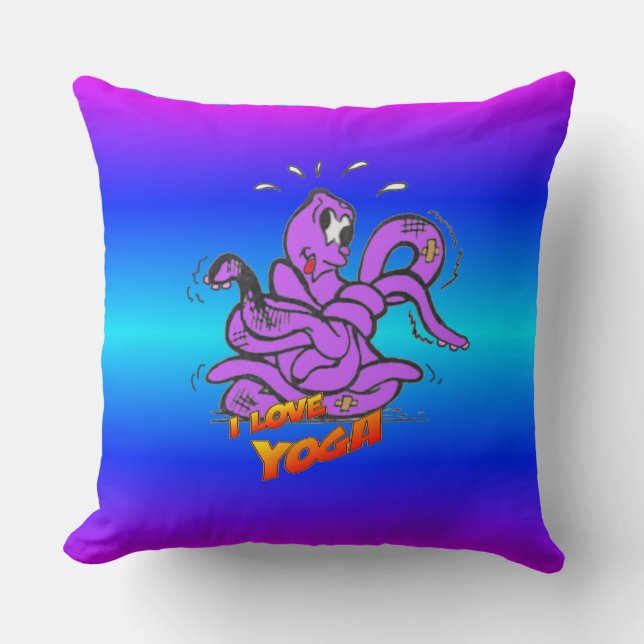 Blue Neon Light Funny Yoga Octopus Throw Pillow (Front)