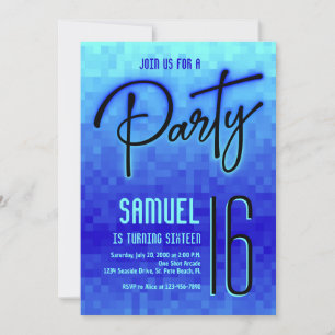 Blue Neon Pixel Teen Birthday Invitation