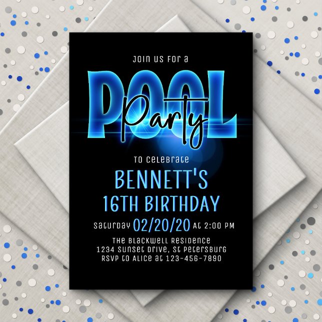 Blue Neon Pool Party Birthday Invitation (Creator Uploaded)