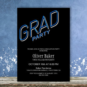 Blue Neon Sign Black Graduation Party Invitation