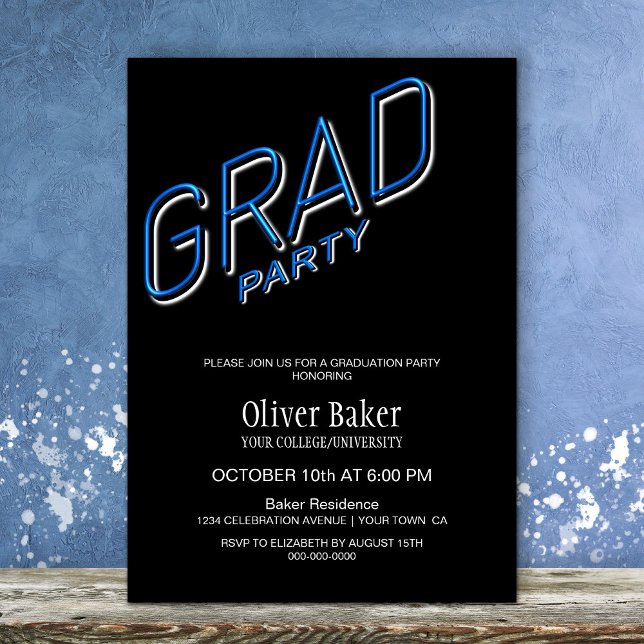Blue Neon Sign Black Graduation Party Invitation (Creator Uploaded)