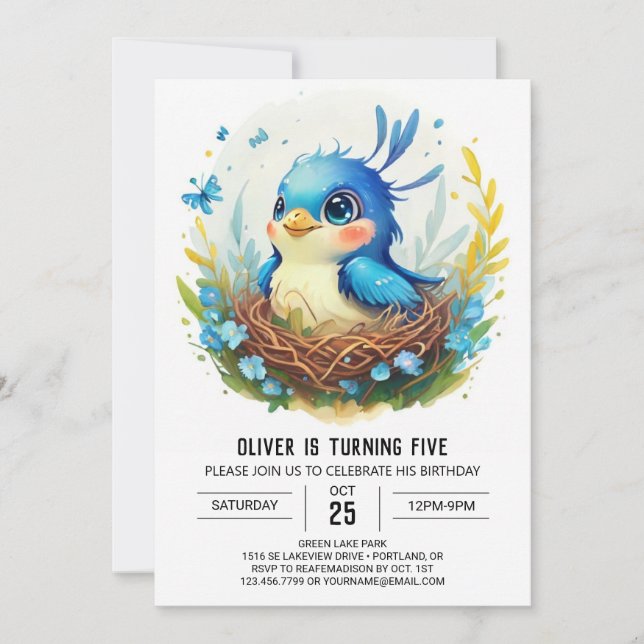 Blue Nest Into the Woods Bird Birthday Invitation (Front)