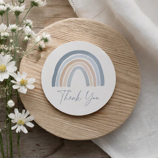 Blue Neutral Boho Rainbow Baby Shower  Classic Round Sticker (Creator Uploaded)
