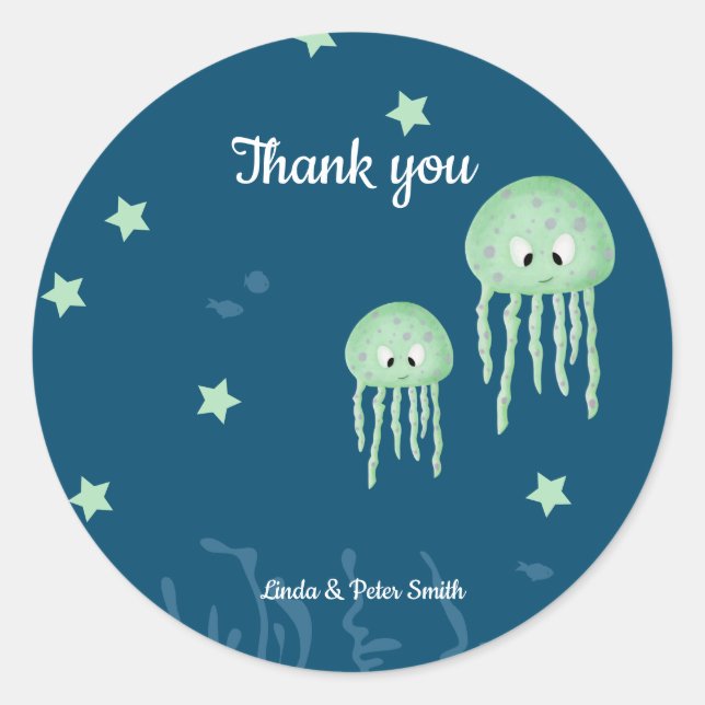 Blue Neutral Under the Sea Jellyfish Baby Shower Classic Round Sticker (Front)