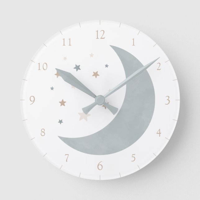 Blue Neutral Watercolor Moon and Stars Round Clock (Front)