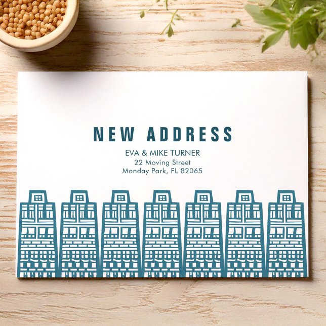 Blue new address with retro cartoon buildings  invitation (Creator Uploaded)