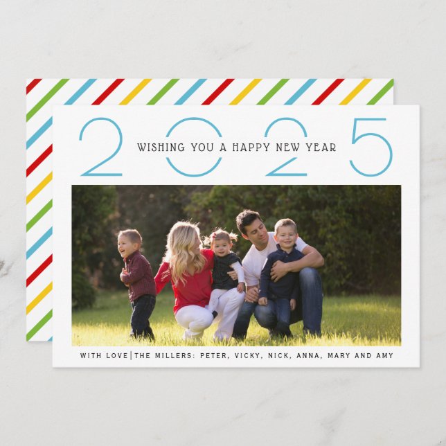 Blue New Year 2025 colourful stripes simple photo Holiday Card (Front/Back)