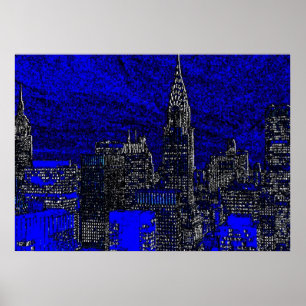 Blue New York City Night Artwork Poster