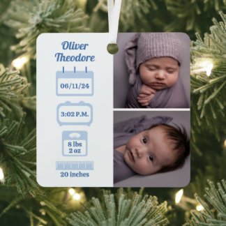 Blue Newborn Birth Stats Metal Tree Decoration