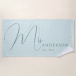 Blue Newlyweds Name Personalised Honeymoon Beach Towel<br><div class="desc">Celebrate your love in style with this personalised beach towel for adults, featuring the newlyweds' names in an elegant, modern design. Perfect for a honeymoon beach trip, anniversary getaway, or romantic vacation, this soft and vibrant towel is a must-have for couples who love to travel together. Designed with a fresh...</div>