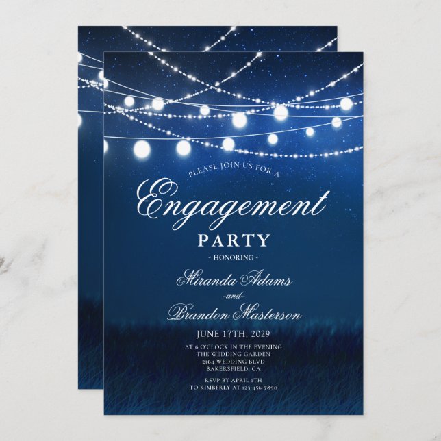 Blue Night and Silver Lights Engagement Party Invitation (Front/Back)