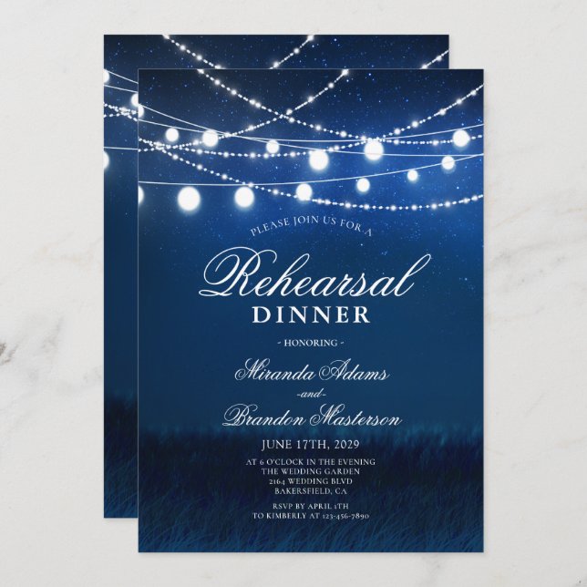 Blue Night and Silver Lights Rehearsal Dinner Invitation (Front/Back)