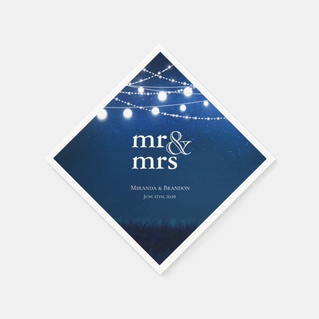 Blue Night and Silver String Lights Wedding Napkin (Corner)