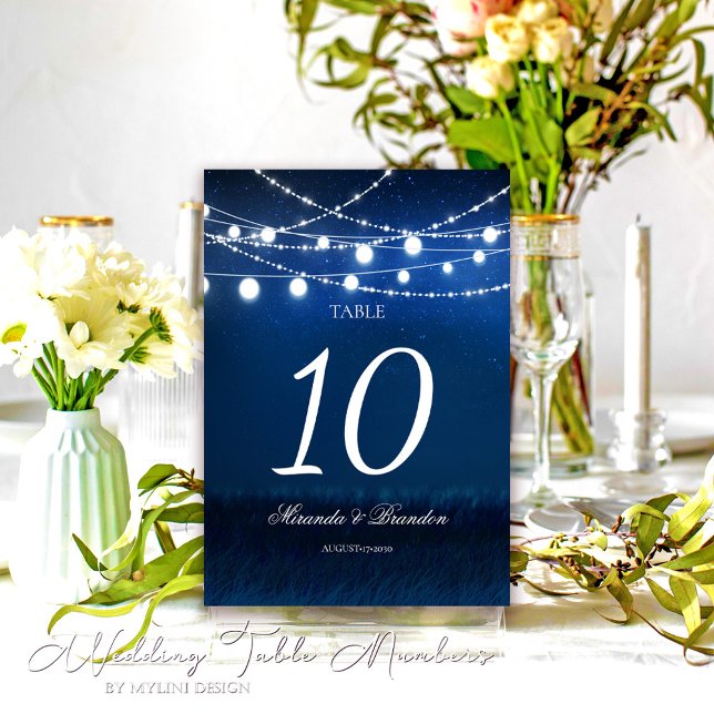 Blue Night and Silver String Lights Wedding Table Number (Creator Uploaded)