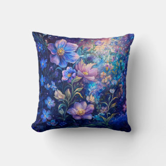 Blue Night Flowers Throw Pillow
