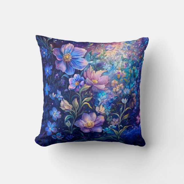 Blue Night Flowers Throw Pillow  (Front)