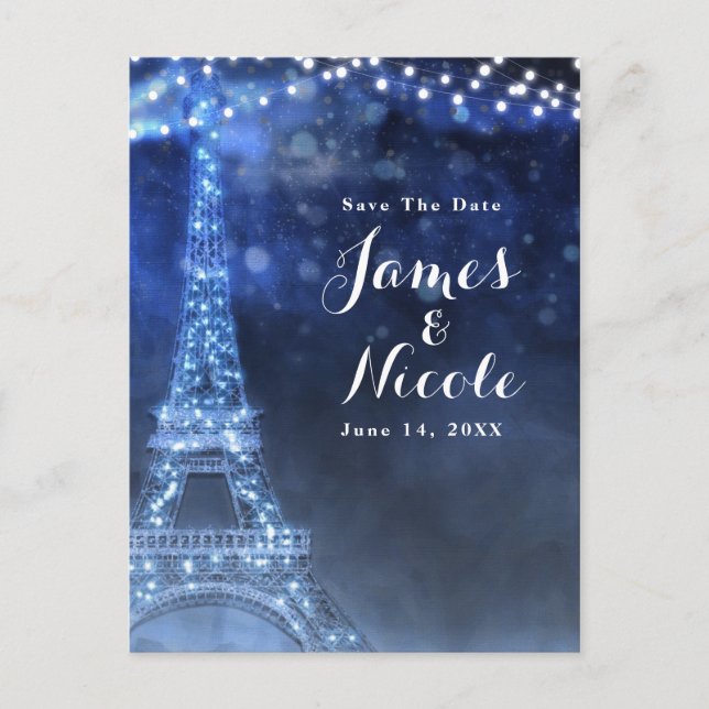 Blue Night in Paris Eiffel Tower Save the Date Announcement Postcard (Front)
