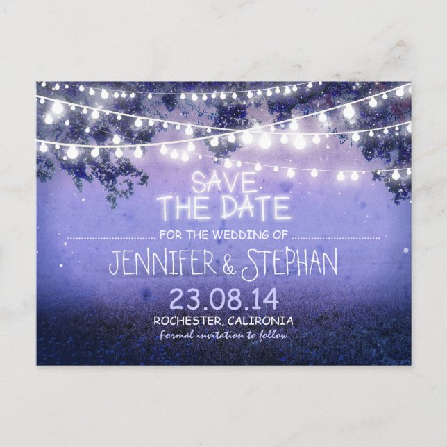 blue night lights romantic save the date announcement postcard (Front)