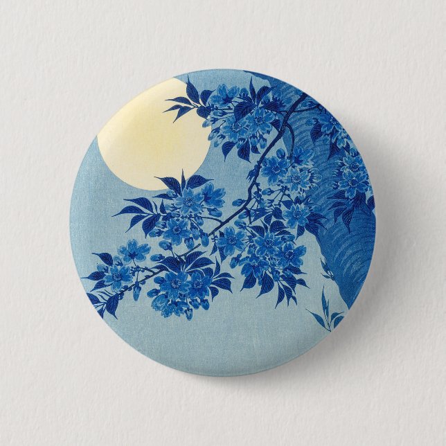 Blue Night Moon Cherry Tree Japanese 6 Cm Round Badge (Front)