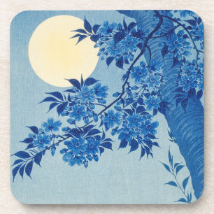 Blue Night Moon Cherry Tree Japanese Coaster