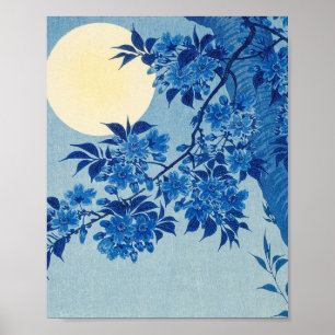 Blue Night Moon Cherry Tree Japanese  Poster