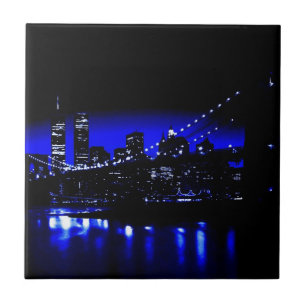 Blue Night New York City Brooklyn Bridge, River Ceramic Tile