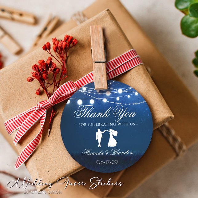 Blue Night & Silver String Lights Wedding Favour Classic Round Sticker (Creator Uploaded)