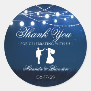 Blue Night & Silver String Lights Wedding Favour Classic Round Sticker