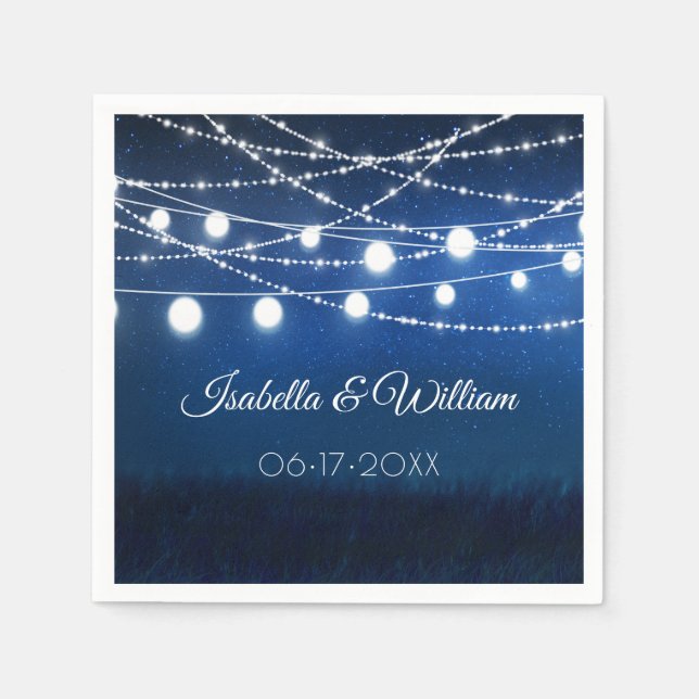 Blue Night & Silver String Lights Wedding Napkin (Front)
