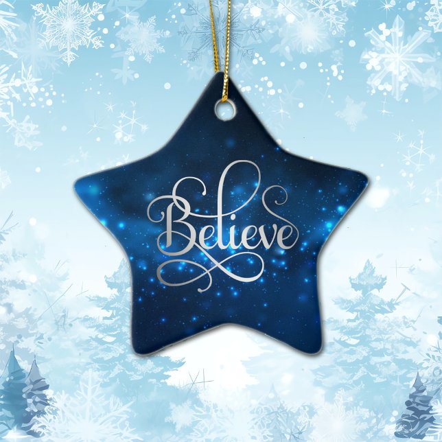 Blue Night Sky Believe Christmas Ceramic Ornament (Creator Uploaded)